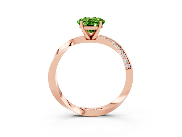 Rose gold Oval Cut Peridot Engagement Ring with Side Stone Accents and Four-Prong Setting