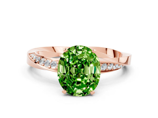 Rose gold Oval Cut Peridot Engagement Ring with Side Stone Accents and Four-Prong Setting