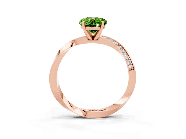 Rose gold Oval Cut Peridot Engagement Ring with Side Stone Accents and Four-Prong Setting