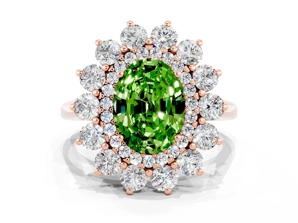 Rose gold Oval Cut Peridot Floral Double Halo Engagement Ring with Prong Setting