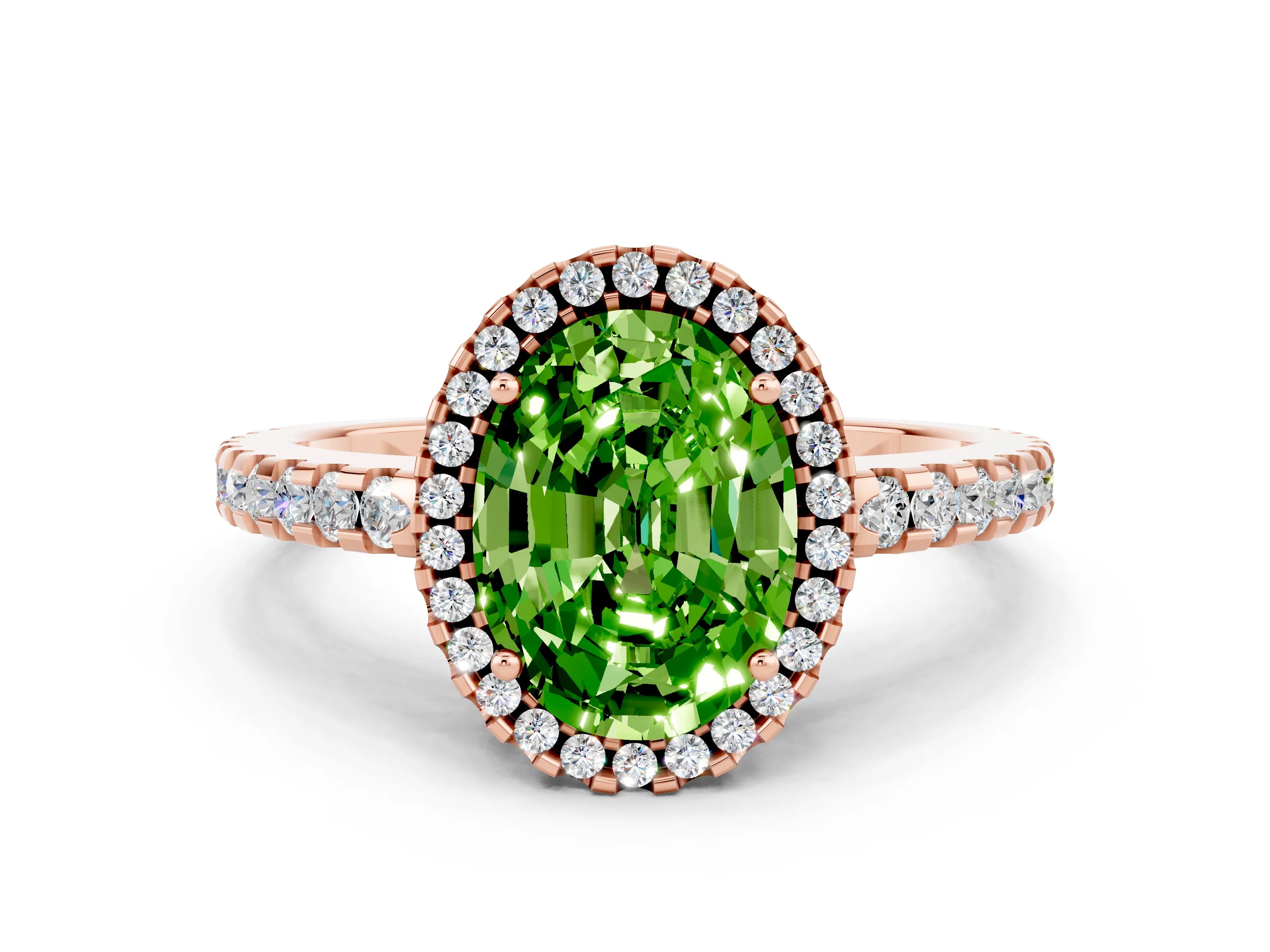 Rose gold Oval Cut Peridot Halo Engagement Ring with Pavé Band and Prong Setting_12