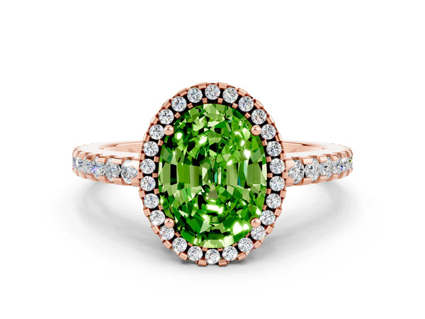 Rose gold Oval Cut Peridot Halo Engagement Ring with Pavé Band and Prong Setting