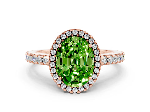 Rose gold Oval Cut Peridot Halo Engagement Ring with Pavé Band and Prong Setting_12