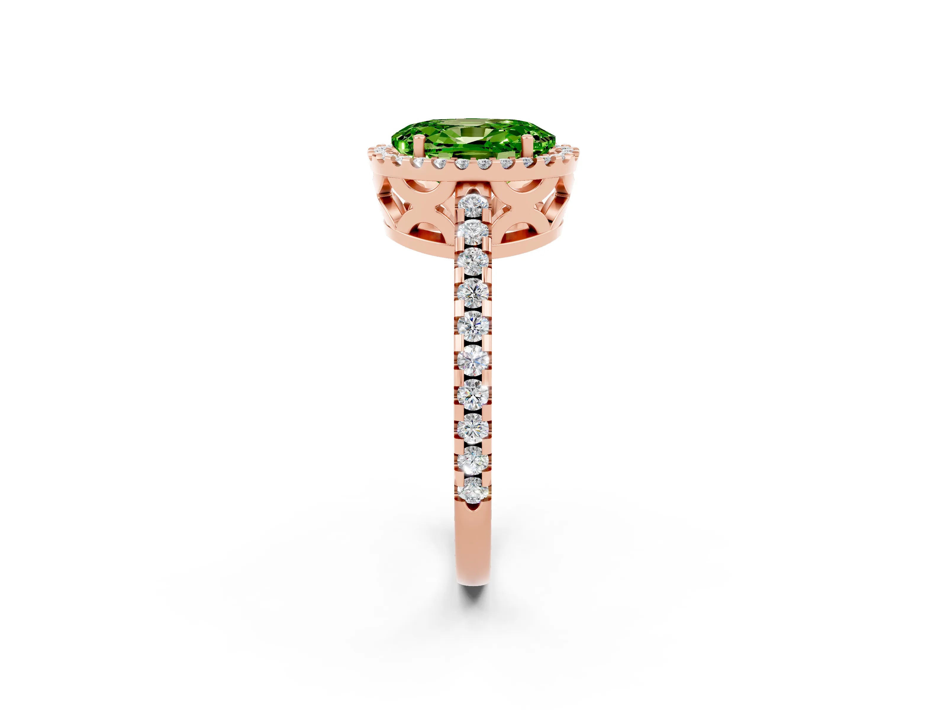 Rose gold Oval Cut Peridot Halo Engagement Ring with Pavé Band and Prong Setting_14