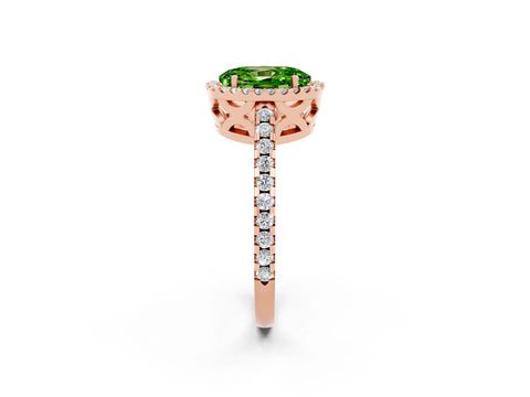 Rose gold Oval Cut Peridot Halo Engagement Ring with Pavé Band and Prong Setting_14