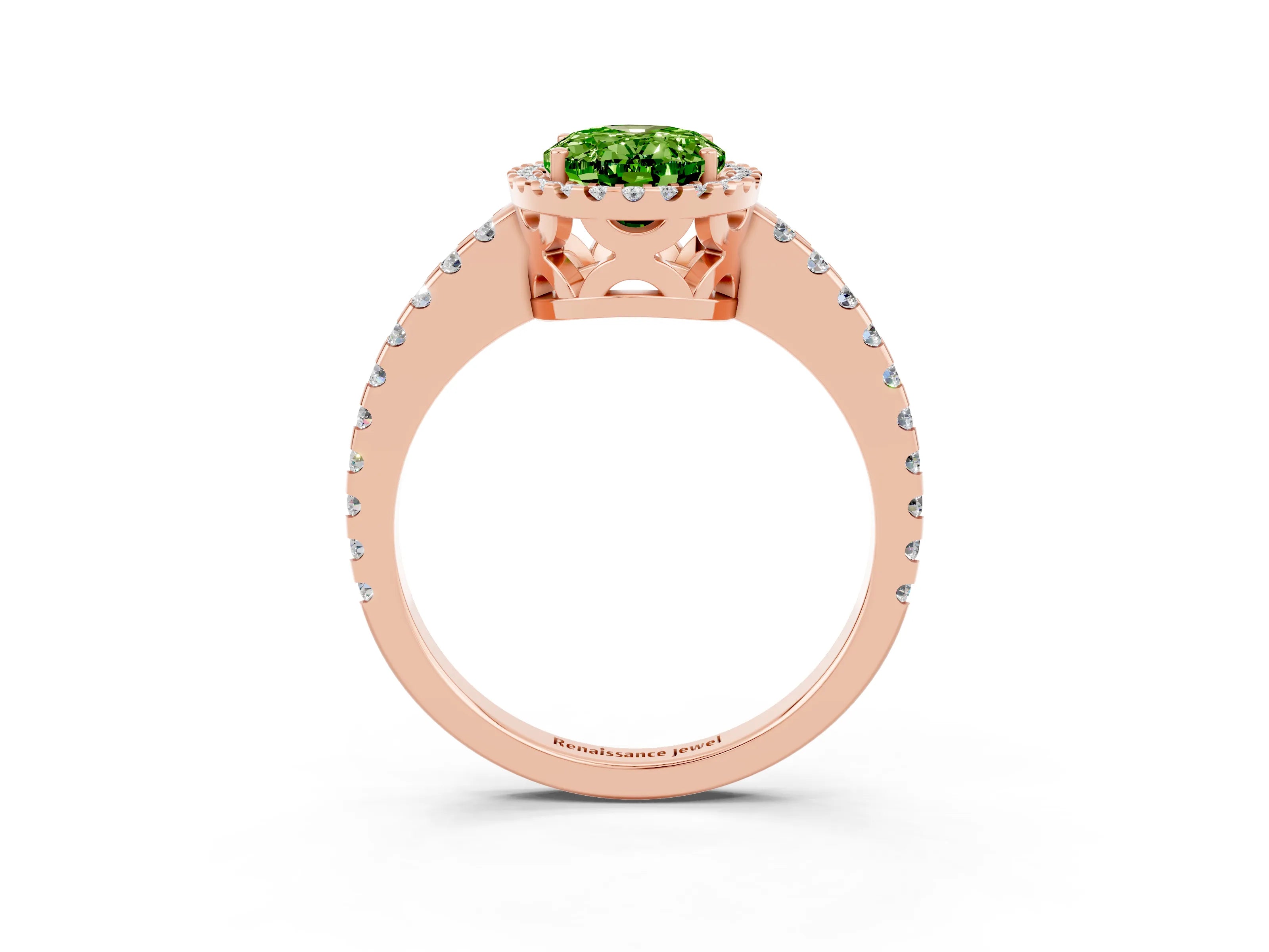 Rose gold Oval Cut Peridot Halo Engagement Ring with Pavé Band and Prong Setting_15