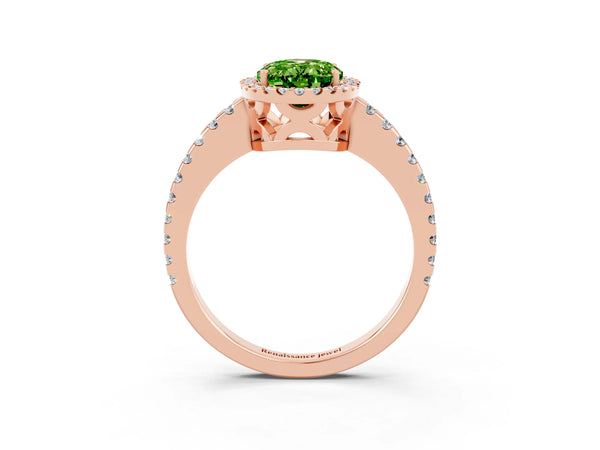 Rose gold Oval Cut Peridot Halo Engagement Ring with Pavé Band and Prong Setting