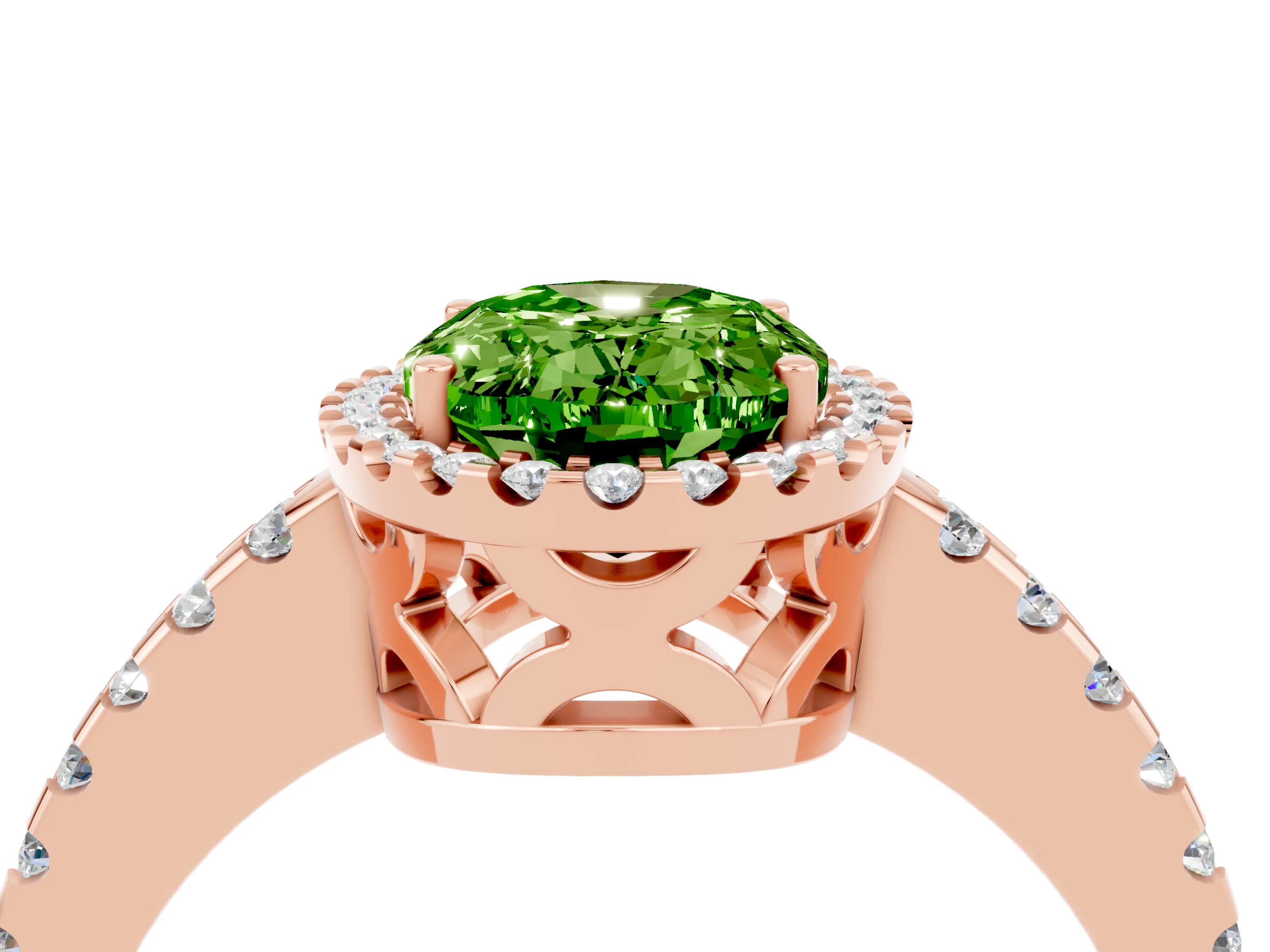 Rose gold Oval Cut Peridot Halo Engagement Ring with Pavé Band and Prong Setting_16