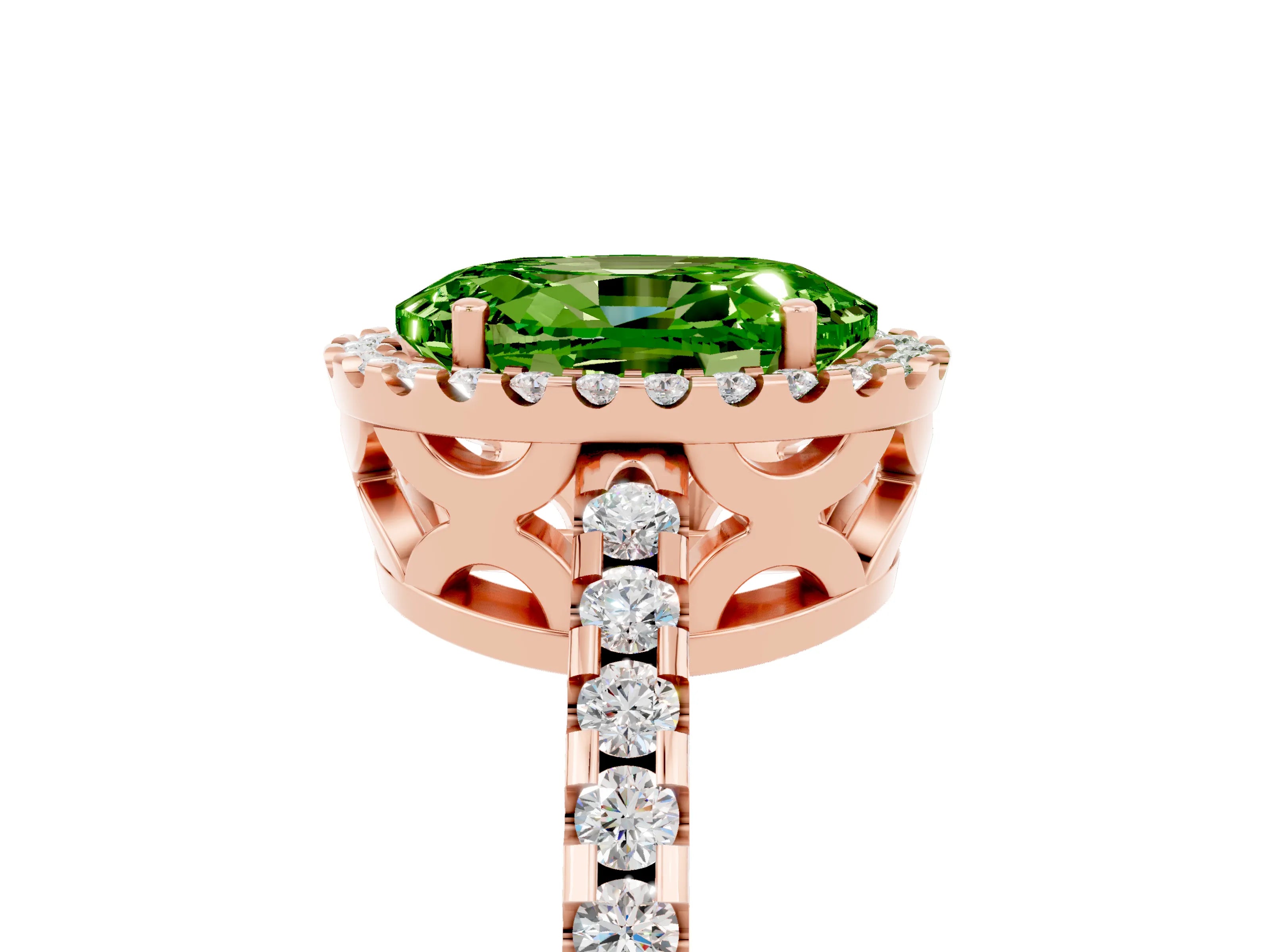 Rose gold Oval Cut Peridot Halo Engagement Ring with Pavé Band and Prong Setting_17