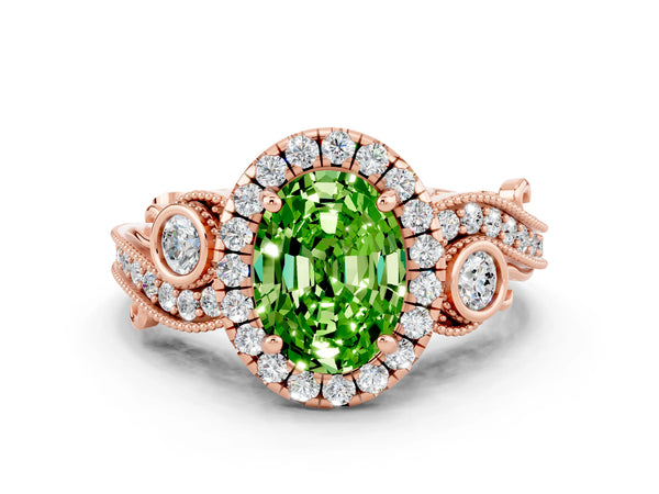 Rose gold Oval Cut Peridot Halo Ring with Milgrain Pavé Band and Four-Prong Setting