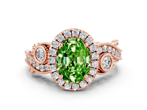 Rose gold Oval Cut Peridot Halo Ring with Milgrain Pavé Band and Four-Prong Setting_12