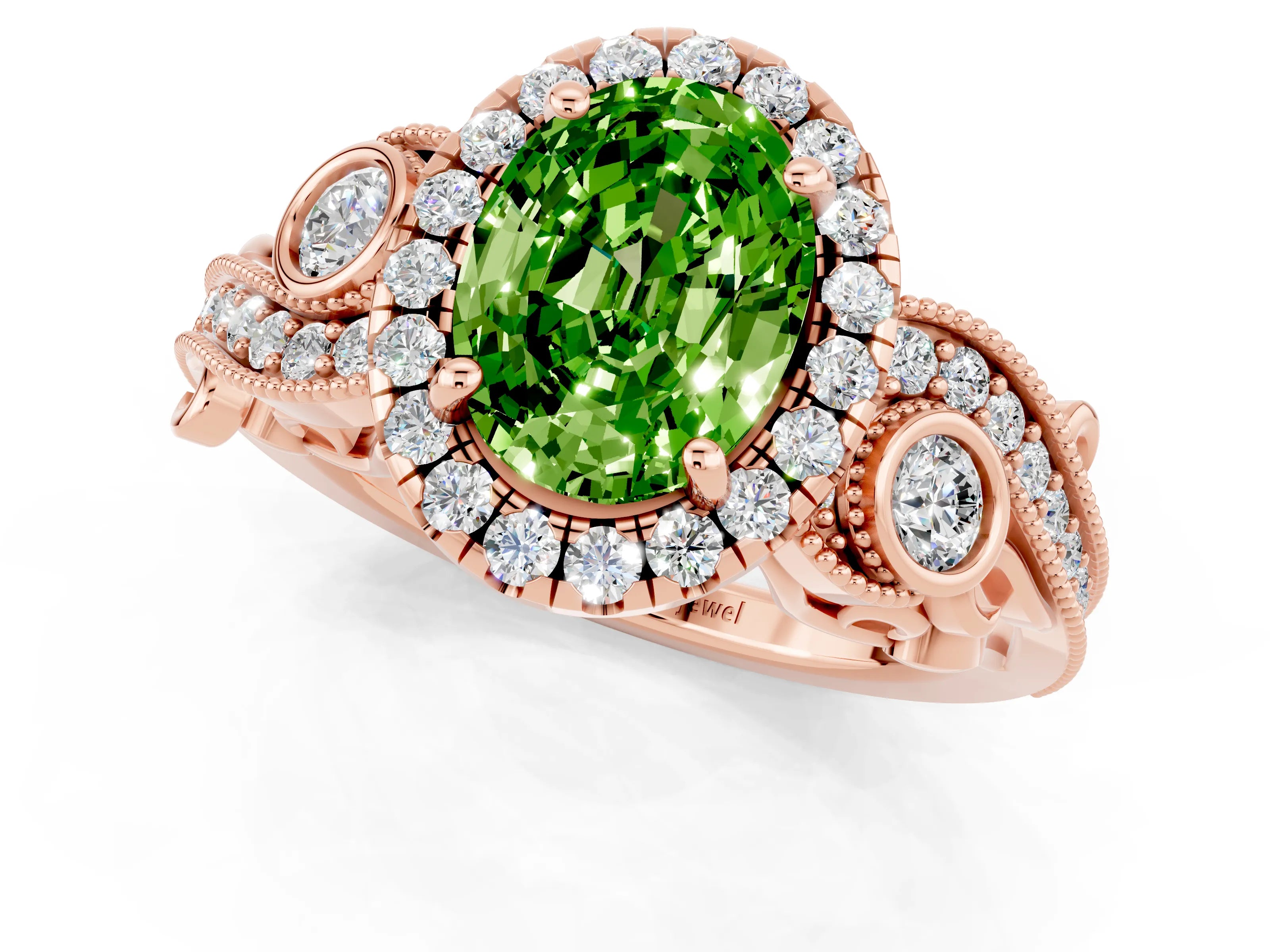 Rose gold Oval Cut Peridot Halo Ring with Milgrain Pavé Band and Four-Prong Setting_13
