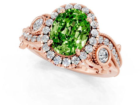 Rose gold Oval Cut Peridot Halo Ring with Milgrain Pavé Band and Four-Prong Setting_13