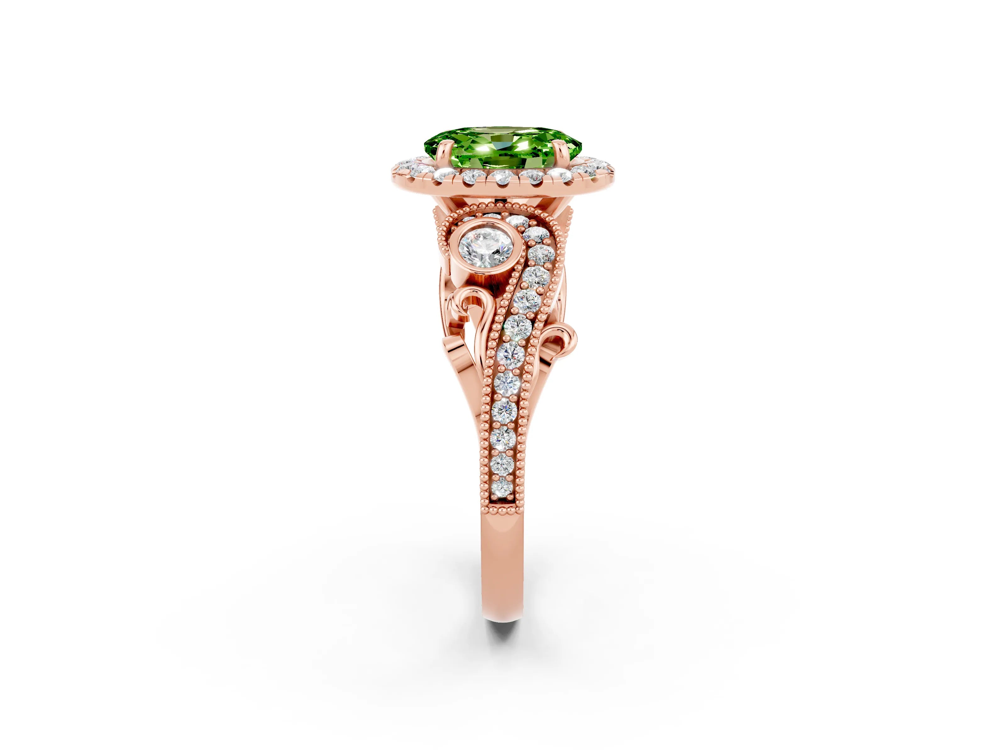 Rose gold Oval Cut Peridot Halo Ring with Milgrain Pavé Band and Four-Prong Setting_14
