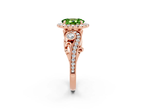Rose gold Oval Cut Peridot Halo Ring with Milgrain Pavé Band and Four-Prong Setting