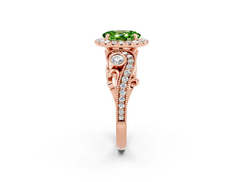 Rose gold Oval Cut Peridot Halo Ring with Milgrain Pavé Band and Four-Prong Setting_14