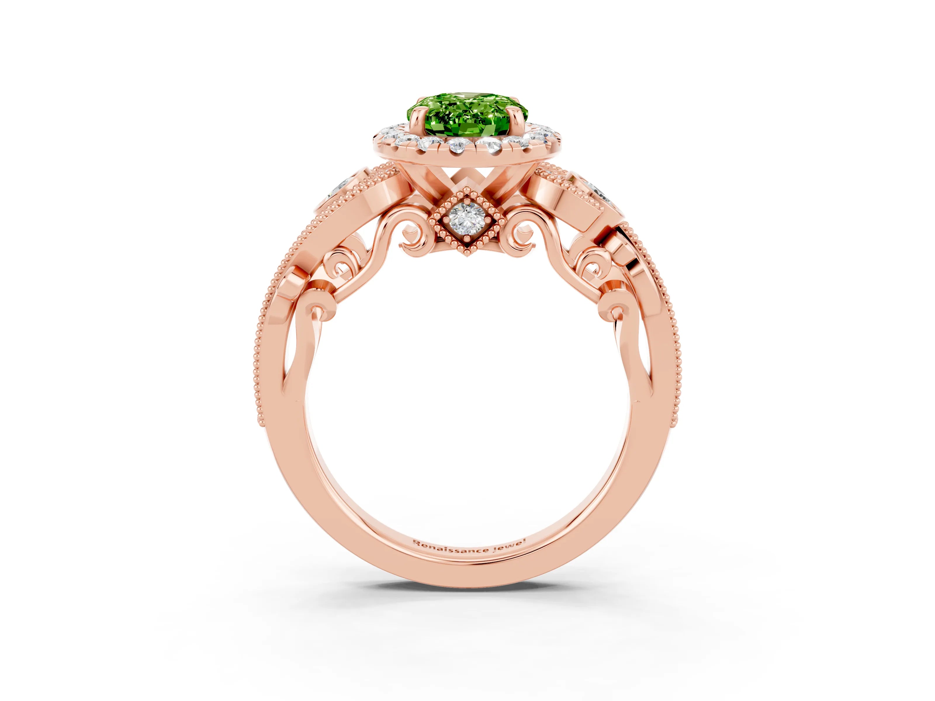 Rose gold Oval Cut Peridot Halo Ring with Milgrain Pavé Band and Four-Prong Setting_15