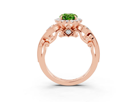 Rose gold Oval Cut Peridot Halo Ring with Milgrain Pavé Band and Four-Prong Setting_15