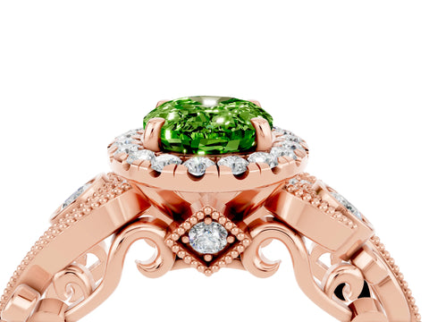 Rose gold Oval Cut Peridot Halo Ring with Milgrain Pavé Band and Four-Prong Setting_16