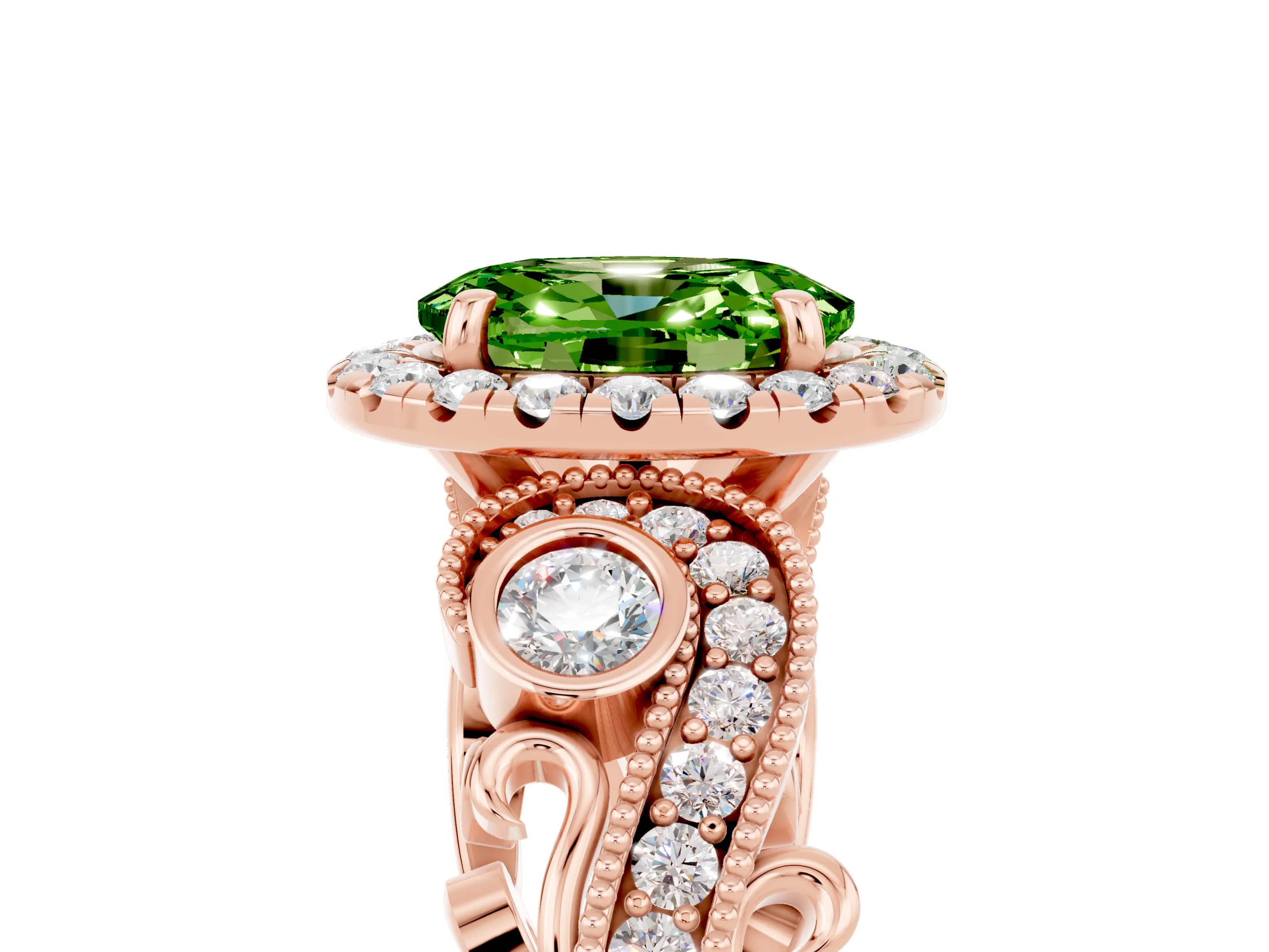 Rose gold Oval Cut Peridot Halo Ring with Milgrain Pavé Band and Four-Prong Setting_17
