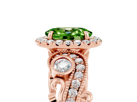 Rose gold Oval Cut Peridot Halo Ring with Milgrain Pavé Band and Four-Prong Setting_17