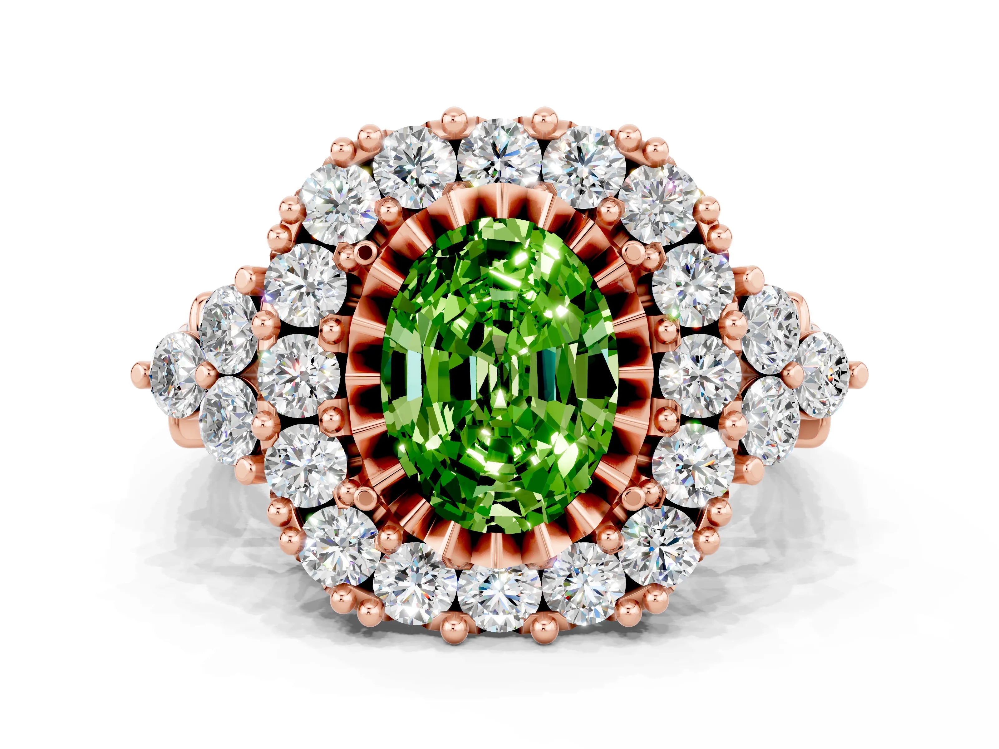 Rose gold Oval Cut Peridot Halo Ring with Pavé Band and Four-Prong Setting_12