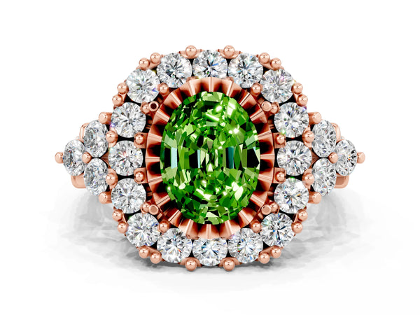 Rose gold Oval Cut Peridot Halo Ring with Pavé Band and Four-Prong Setting