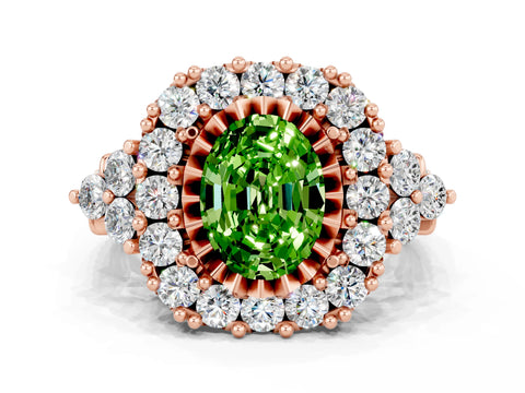 Rose gold Oval Cut Peridot Halo Ring with Pavé Band and Four-Prong Setting_12