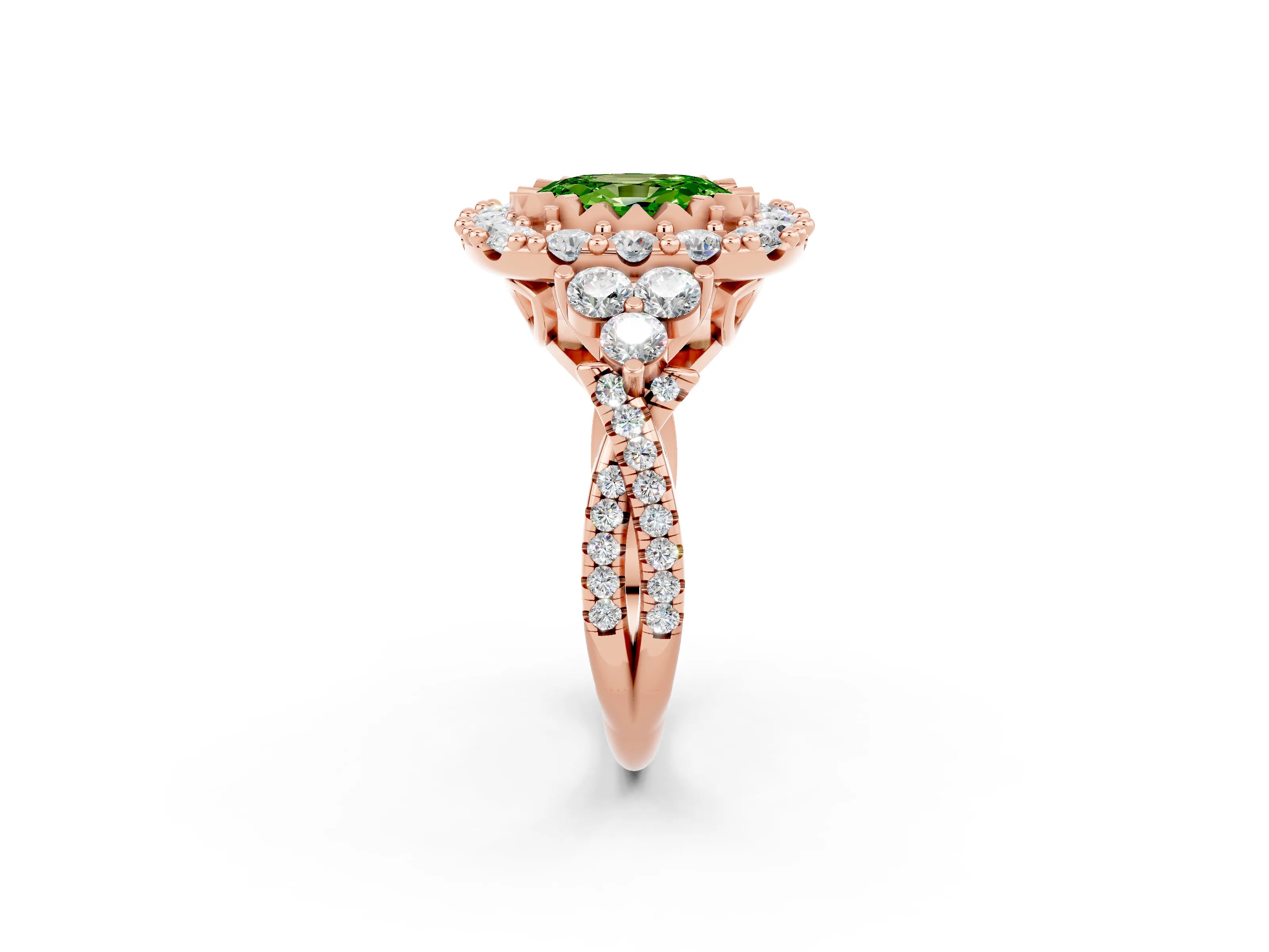 Rose gold Oval Cut Peridot Halo Ring with Pavé Band and Four-Prong Setting_14