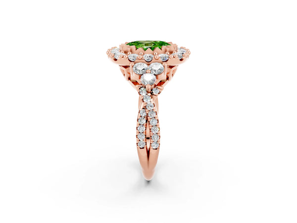 Rose gold Oval Cut Peridot Halo Ring with Pavé Band and Four-Prong Setting