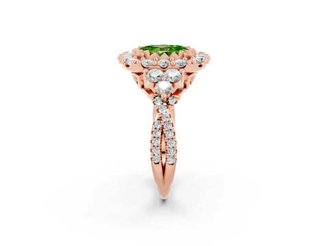 Rose gold Oval Cut Peridot Halo Ring with Pavé Band and Four-Prong Setting_14