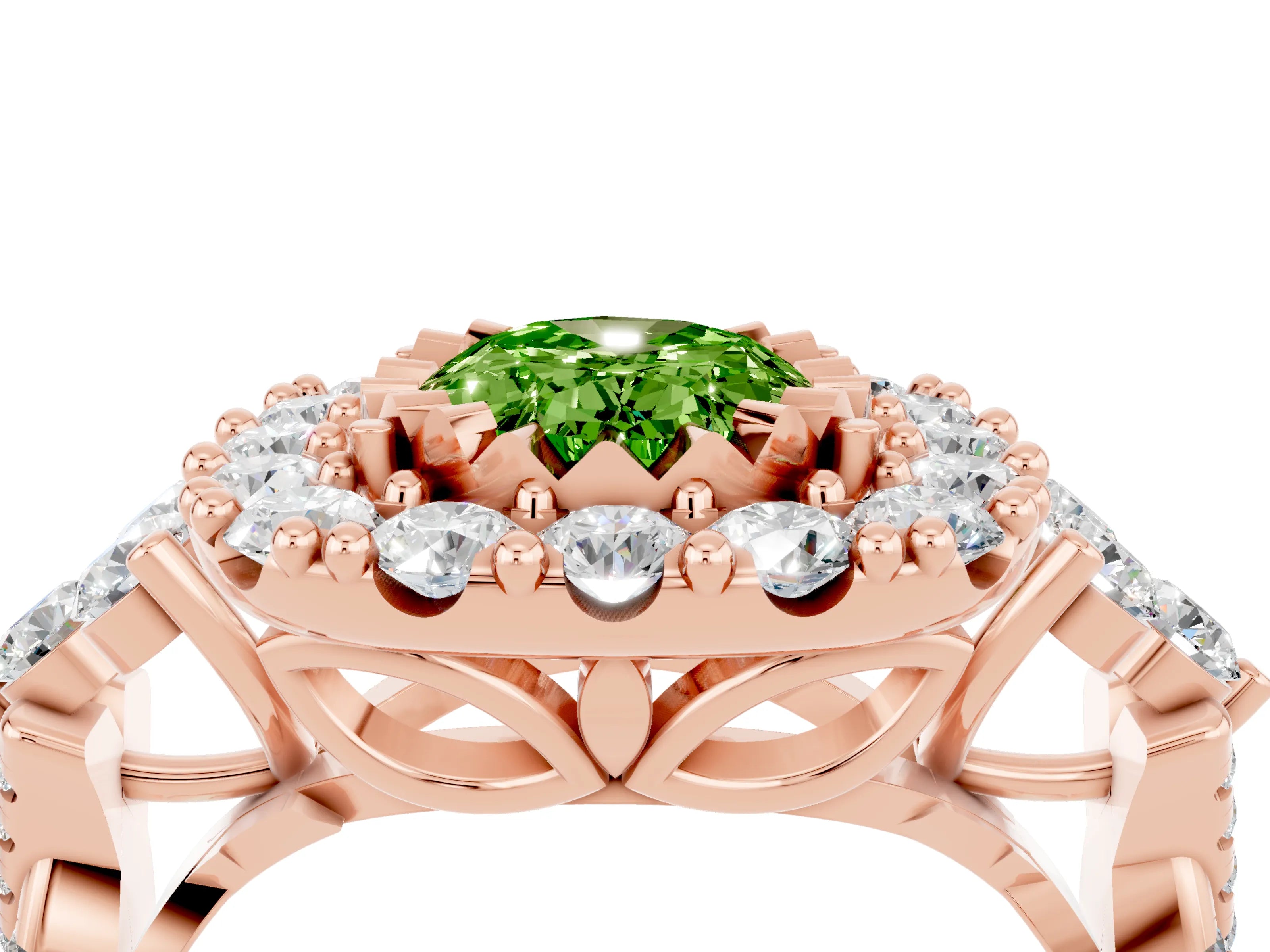 Rose gold Oval Cut Peridot Halo Ring with Pavé Band and Four-Prong Setting_16