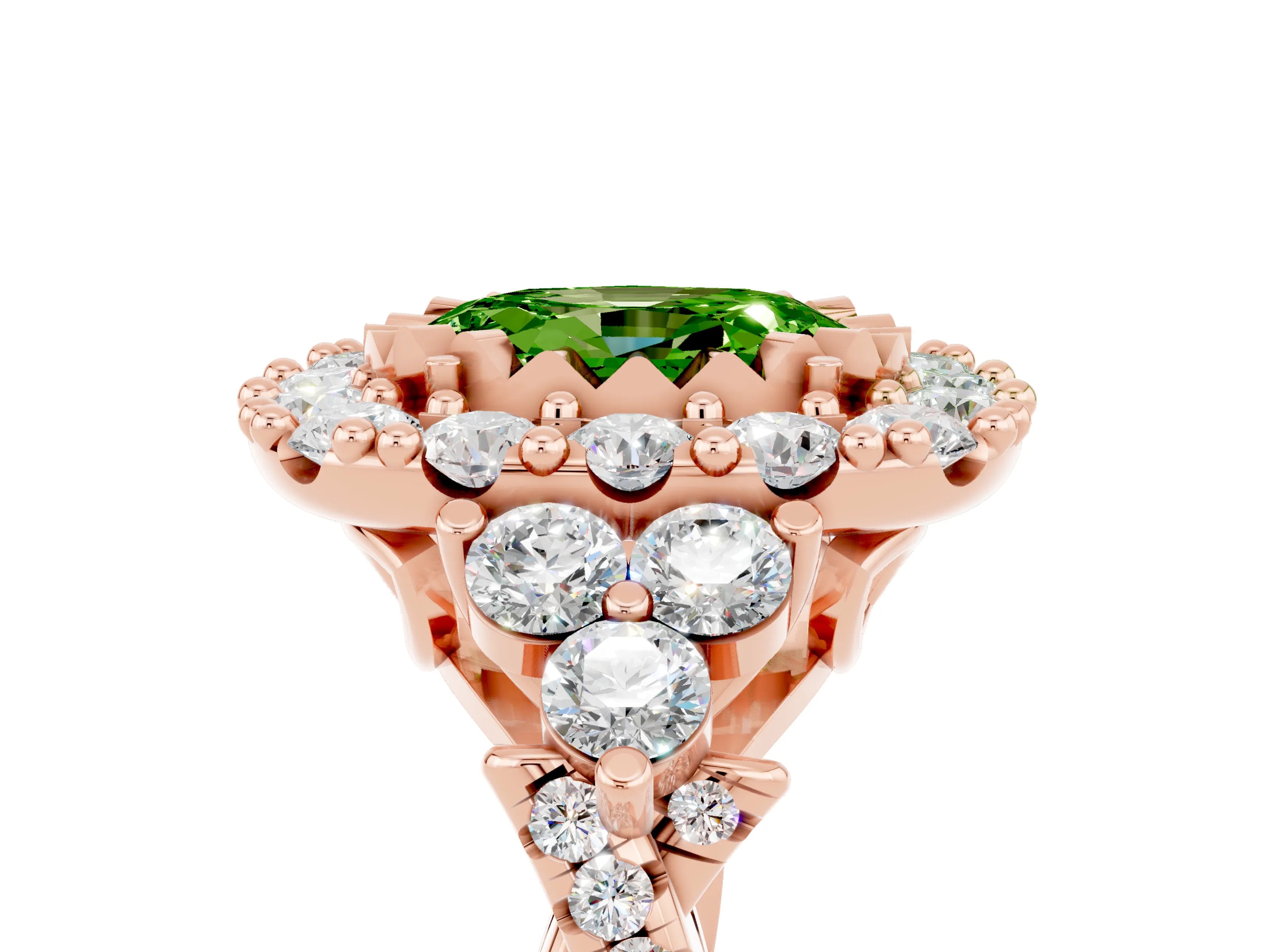 Rose gold Oval Cut Peridot Halo Ring with Pavé Band and Four-Prong Setting_17