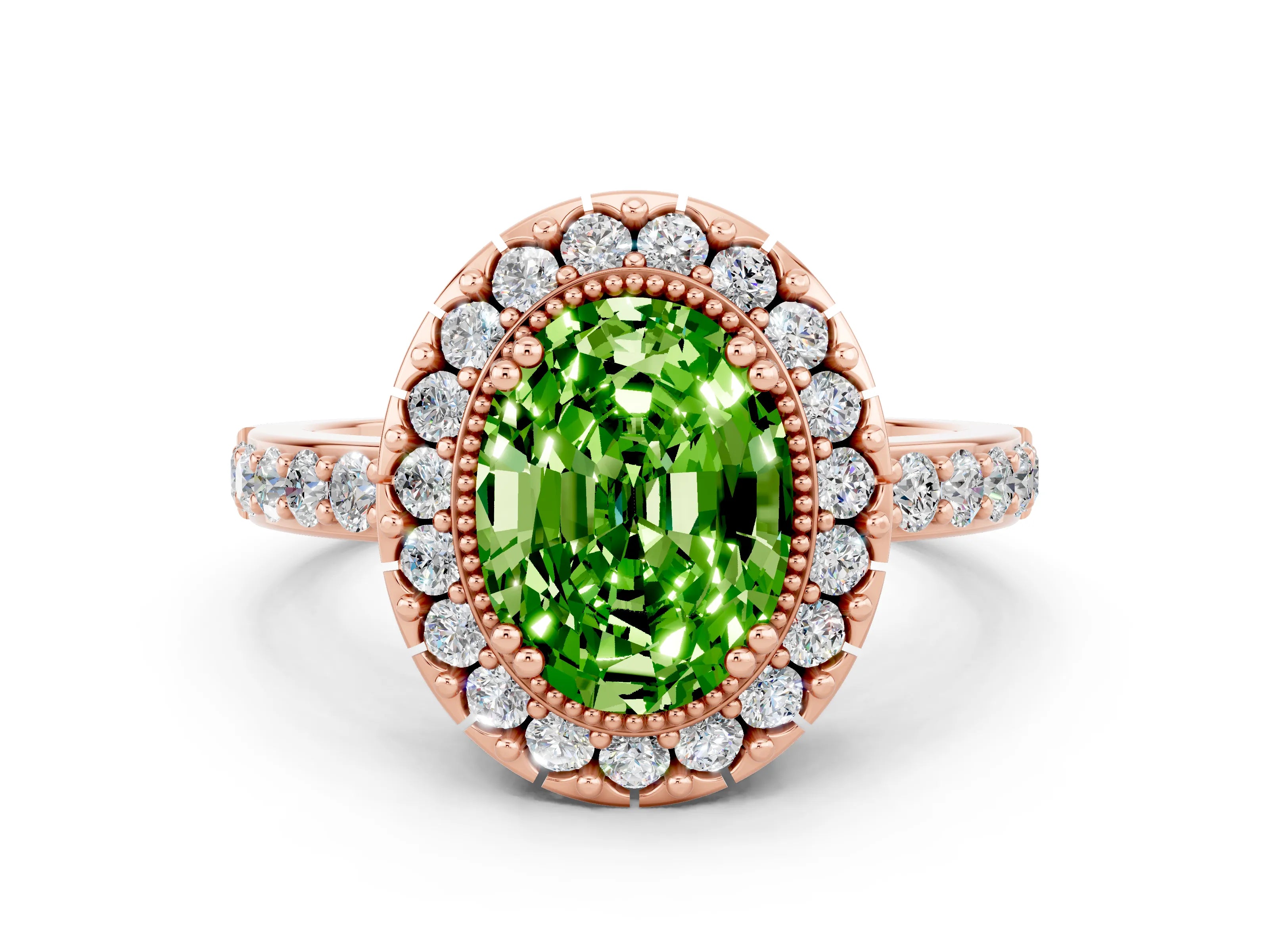 Rose gold Oval Cut Peridot Halo Ring with Pavé Band and Prong Setting