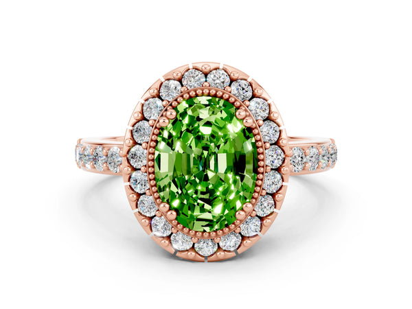 Rose gold Oval Cut Peridot Halo Ring with Pavé Band and Prong Setting