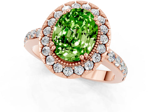 Rose gold Oval Cut Peridot Halo Ring with Pavé Band and Prong Setting_1