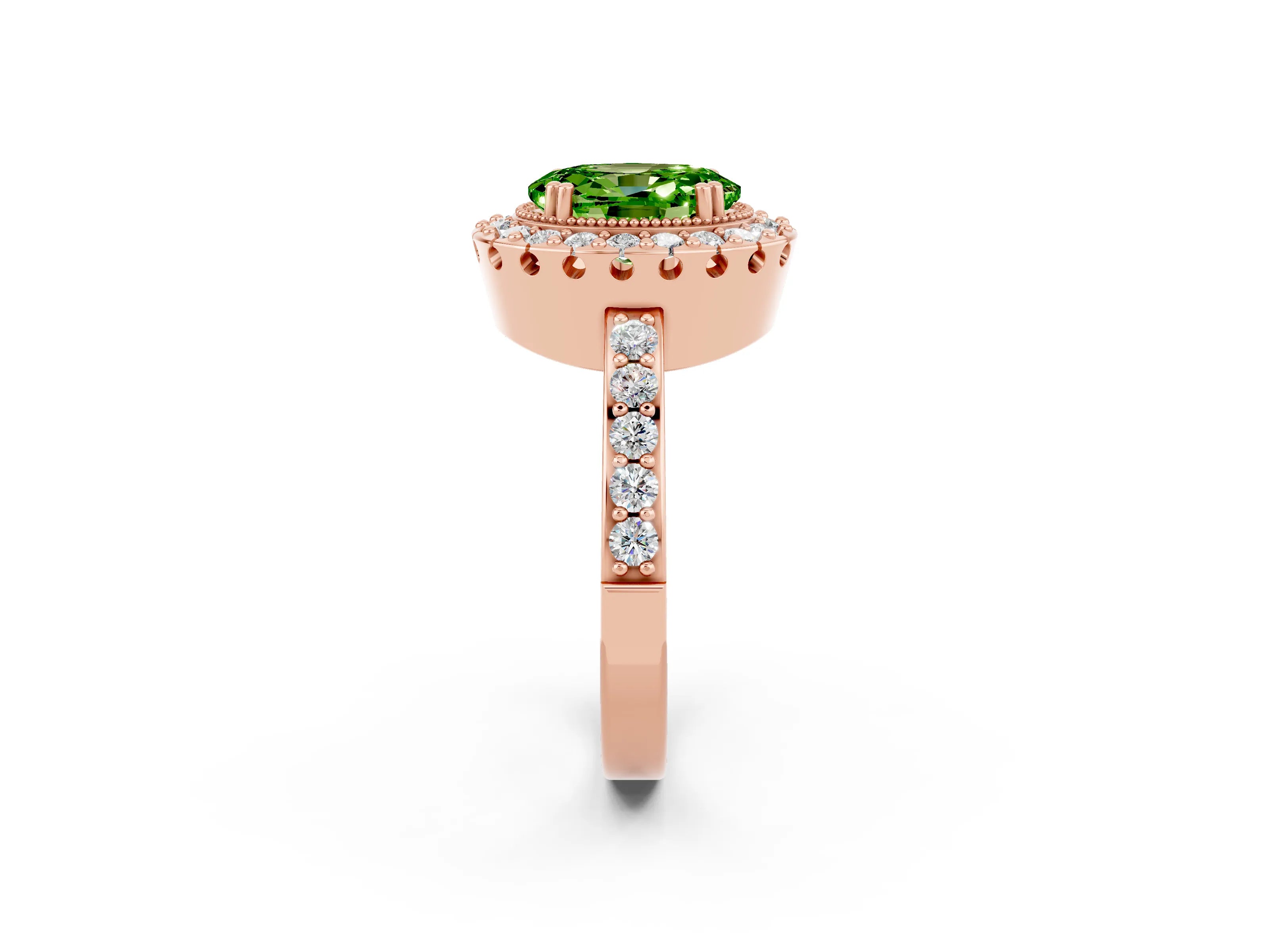 Rose gold Oval Cut Peridot Halo Ring with Pavé Band and Prong Setting_2