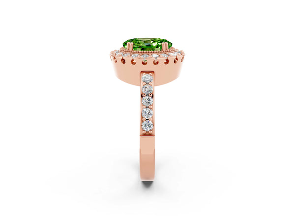Rose gold Oval Cut Peridot Halo Ring with Pavé Band and Prong Setting