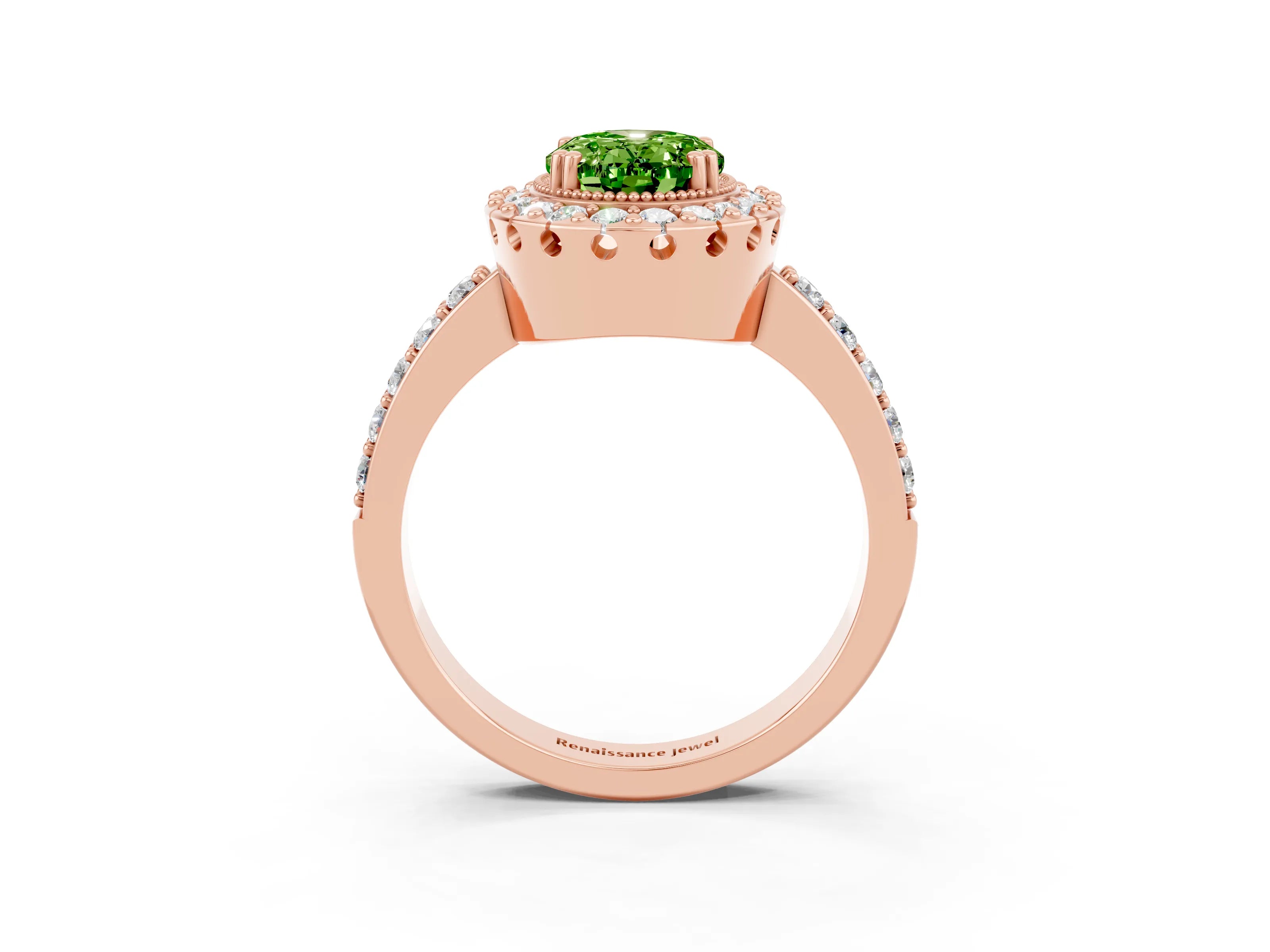 Rose gold Oval Cut Peridot Halo Ring with Pavé Band and Prong Setting_3