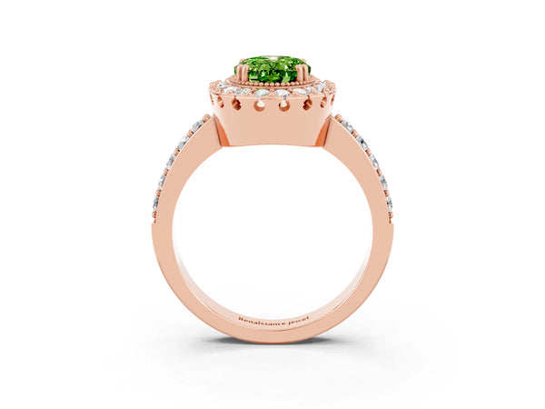 Rose gold Oval Cut Peridot Halo Ring with Pavé Band and Prong Setting