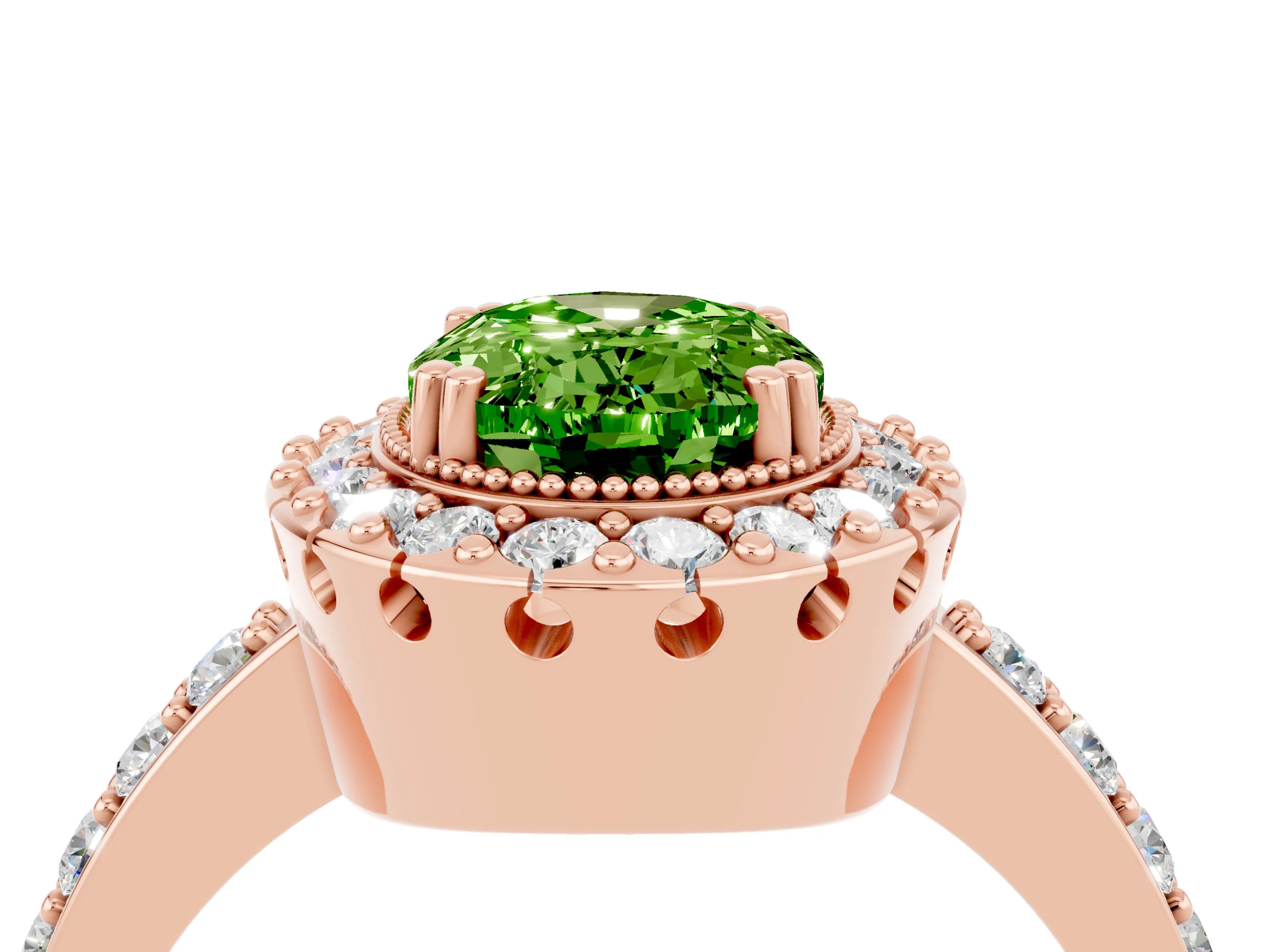 Rose gold Oval Cut Peridot Halo Ring with Pavé Band and Prong Setting_4