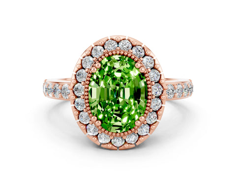 Rose gold Oval Cut Peridot Halo Ring with Pavé Band and Prong Setting