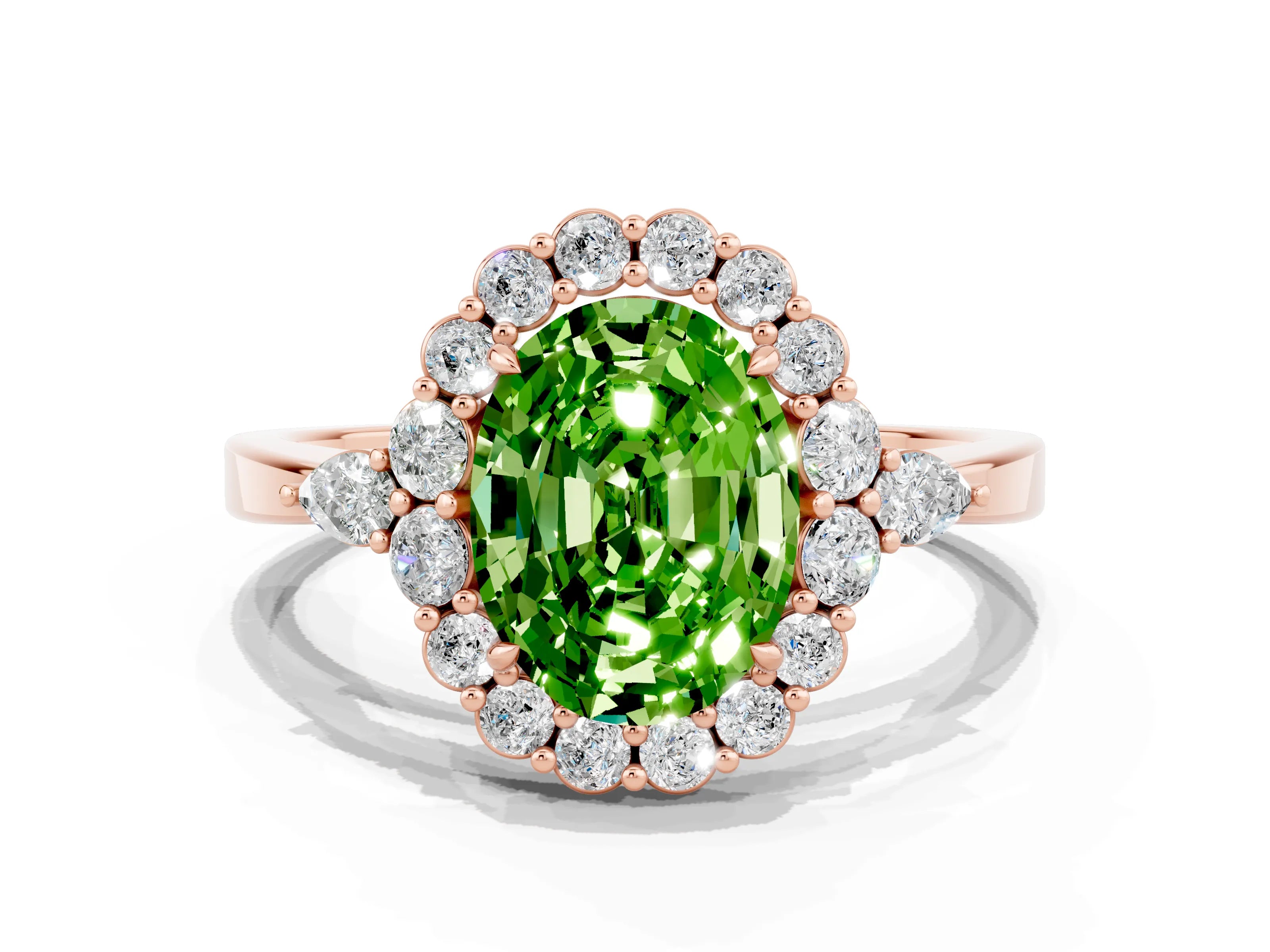 Rose gold Oval Cut Peridot Halo Ring with Pear Side Stones and Prong Setting_12