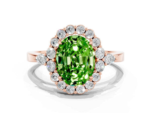 Rose gold Oval Cut Peridot Halo Ring with Pear Side Stones and Prong Setting