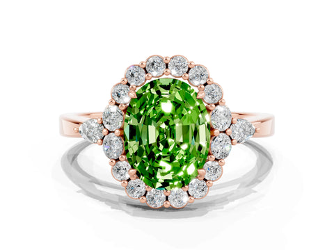 Rose gold Oval Cut Peridot Halo Ring with Pear Side Stones and Prong Setting_12