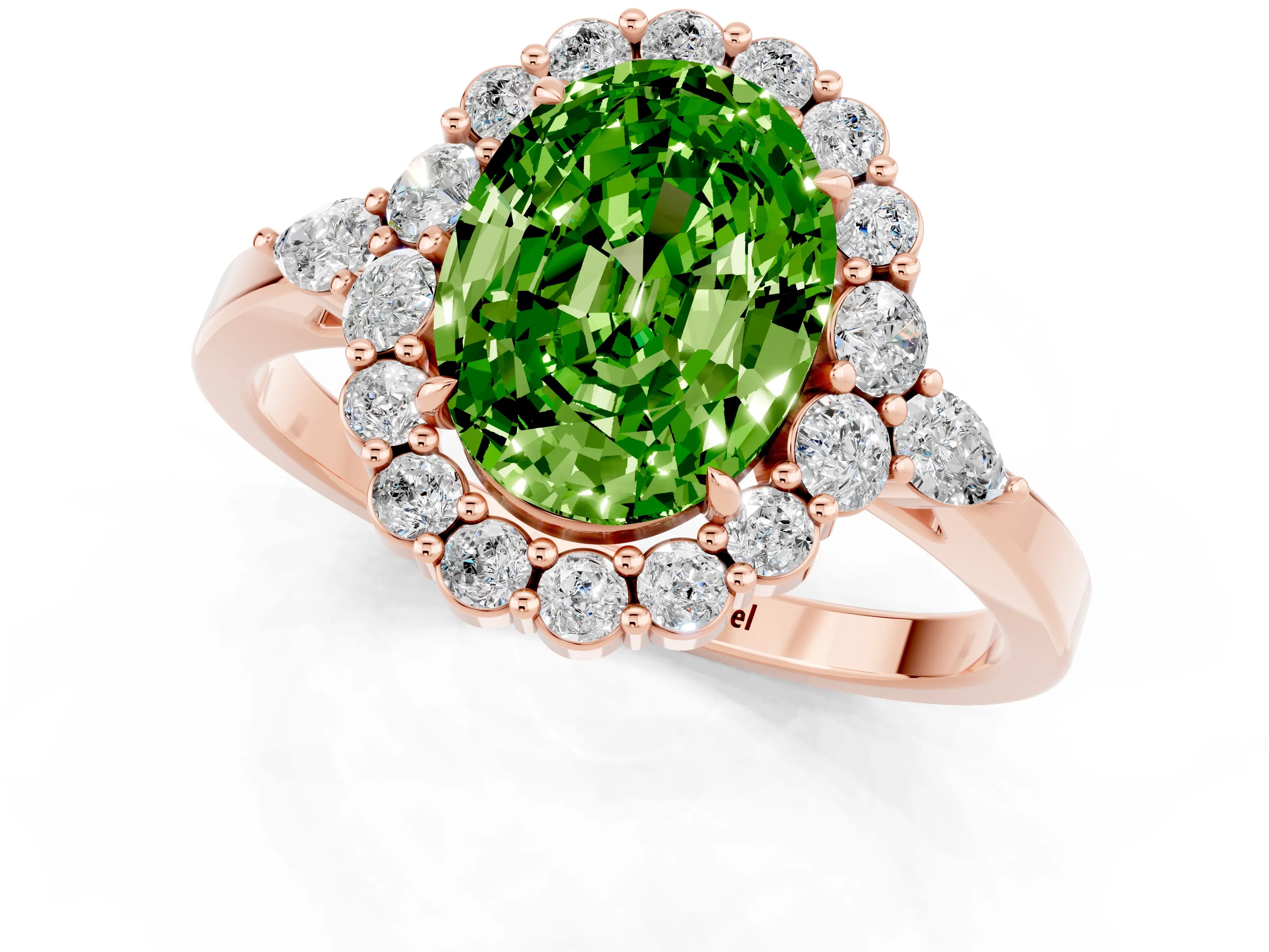 Rose gold Oval Cut Peridot Halo Ring with Pear Side Stones and Prong Setting_13