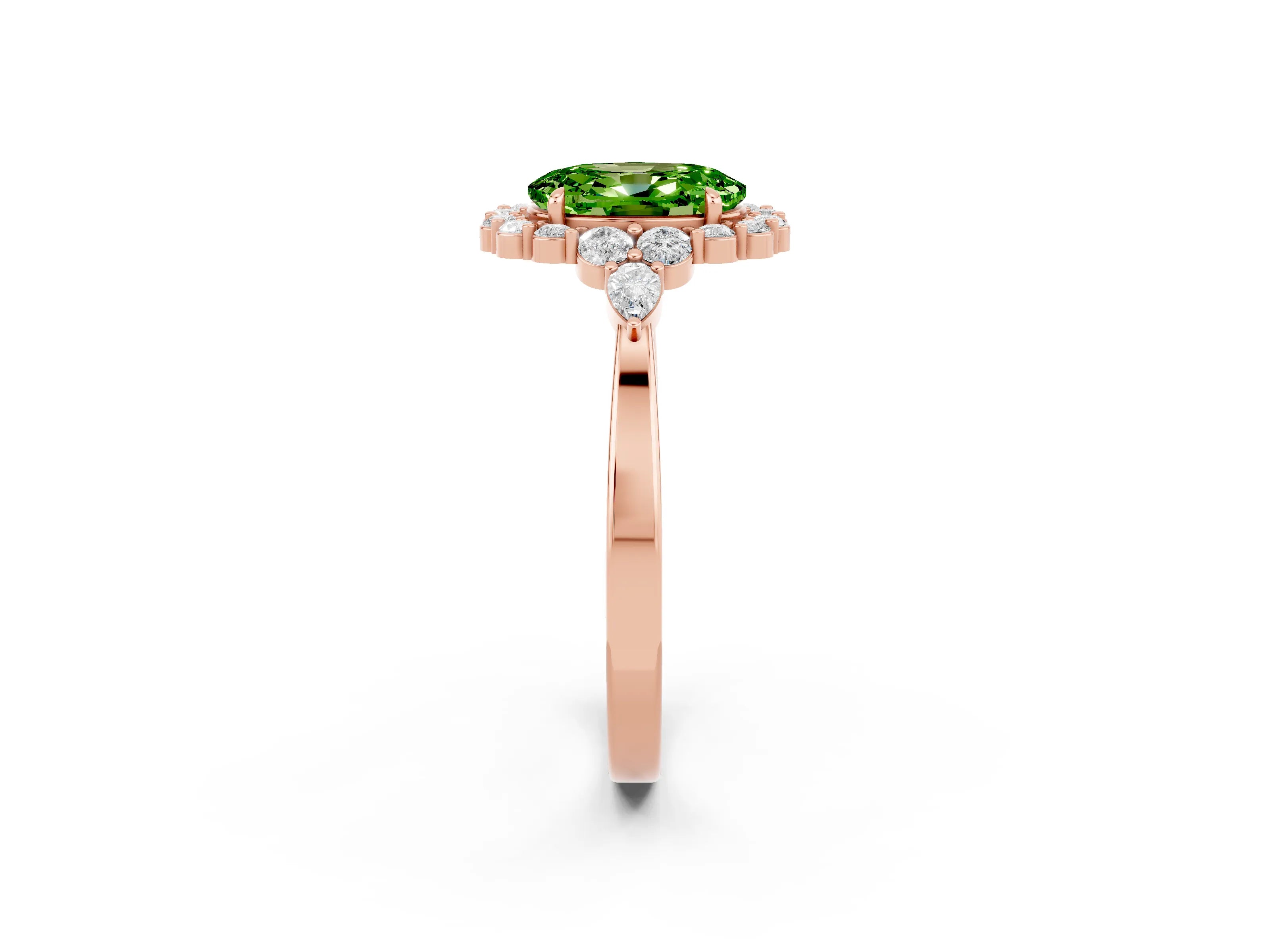 Rose gold Oval Cut Peridot Halo Ring with Pear Side Stones and Prong Setting_14