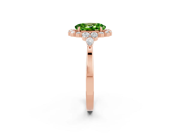 Rose gold Oval Cut Peridot Halo Ring with Pear Side Stones and Prong Setting