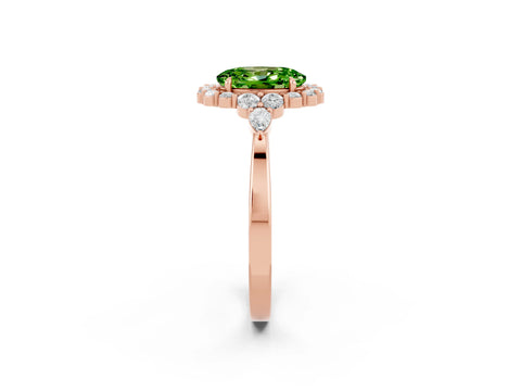Rose gold Oval Cut Peridot Halo Ring with Pear Side Stones and Prong Setting_14