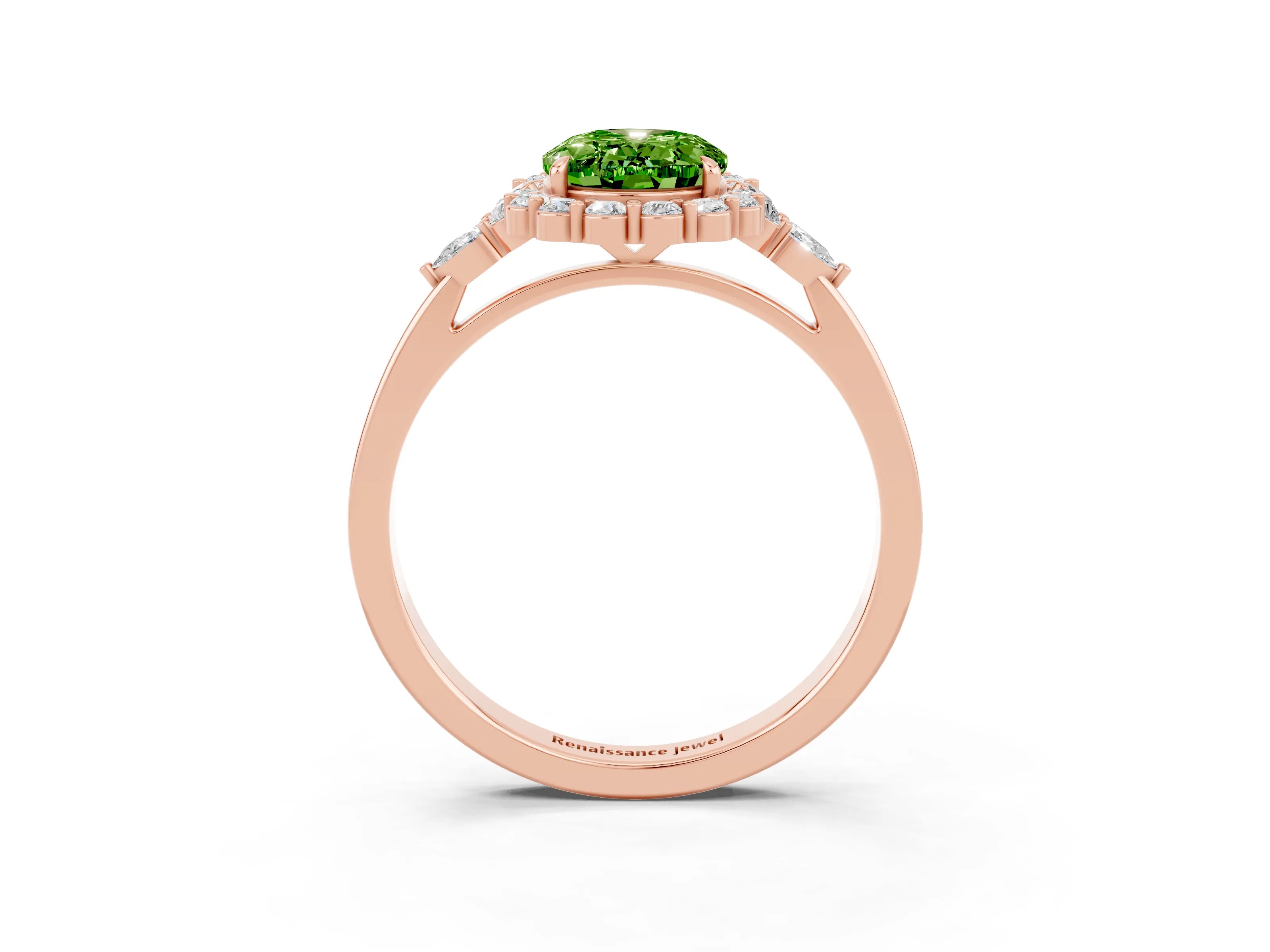 Rose gold Oval Cut Peridot Halo Ring with Pear Side Stones and Prong Setting_15